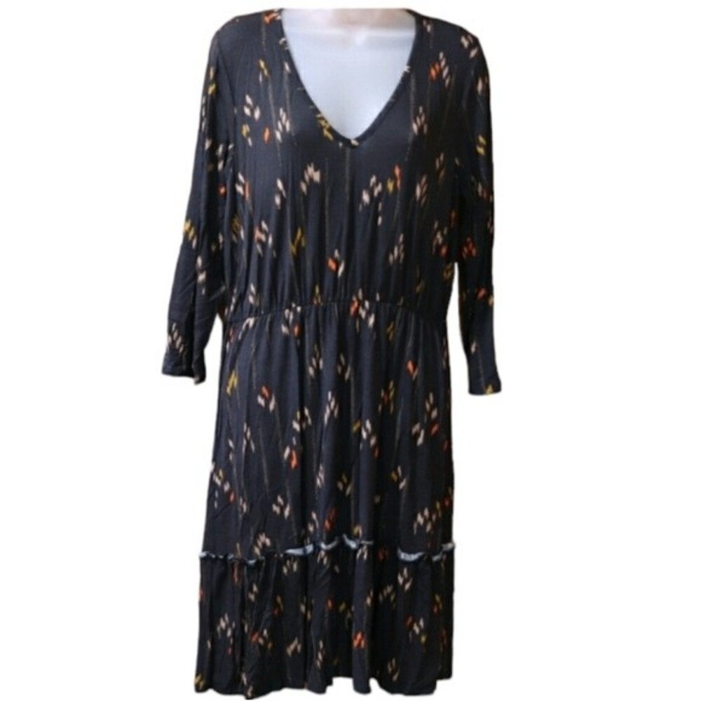 Loveappella Black Boho Print Long Sleeve Midi Dress LG NWT Deep V Neckline
